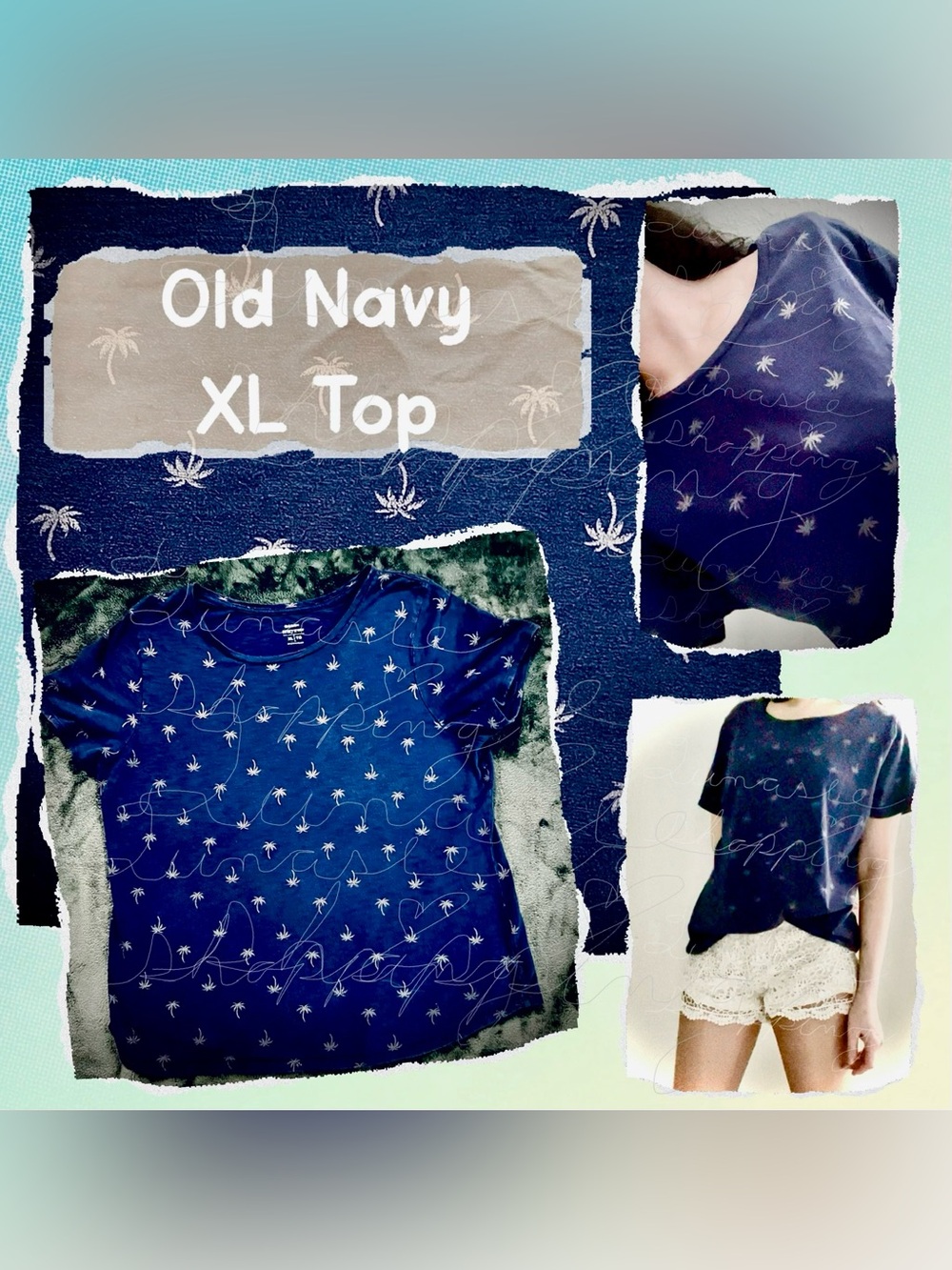 Women’s Navy Palm-Print Short Sleeve Top